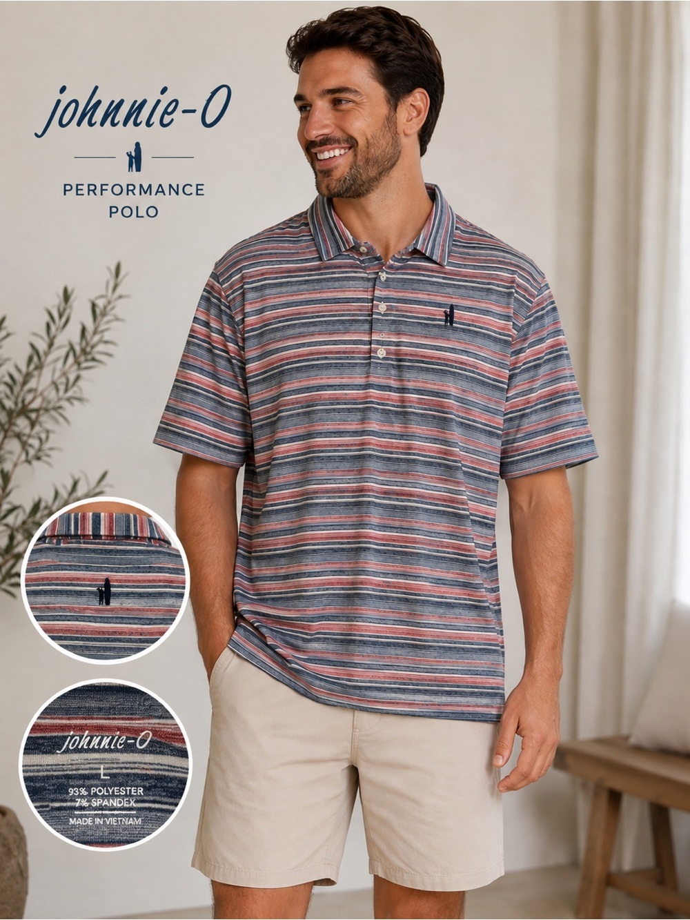 Johnnie-O Men’s Striped Performance Polo Shirt Size L
